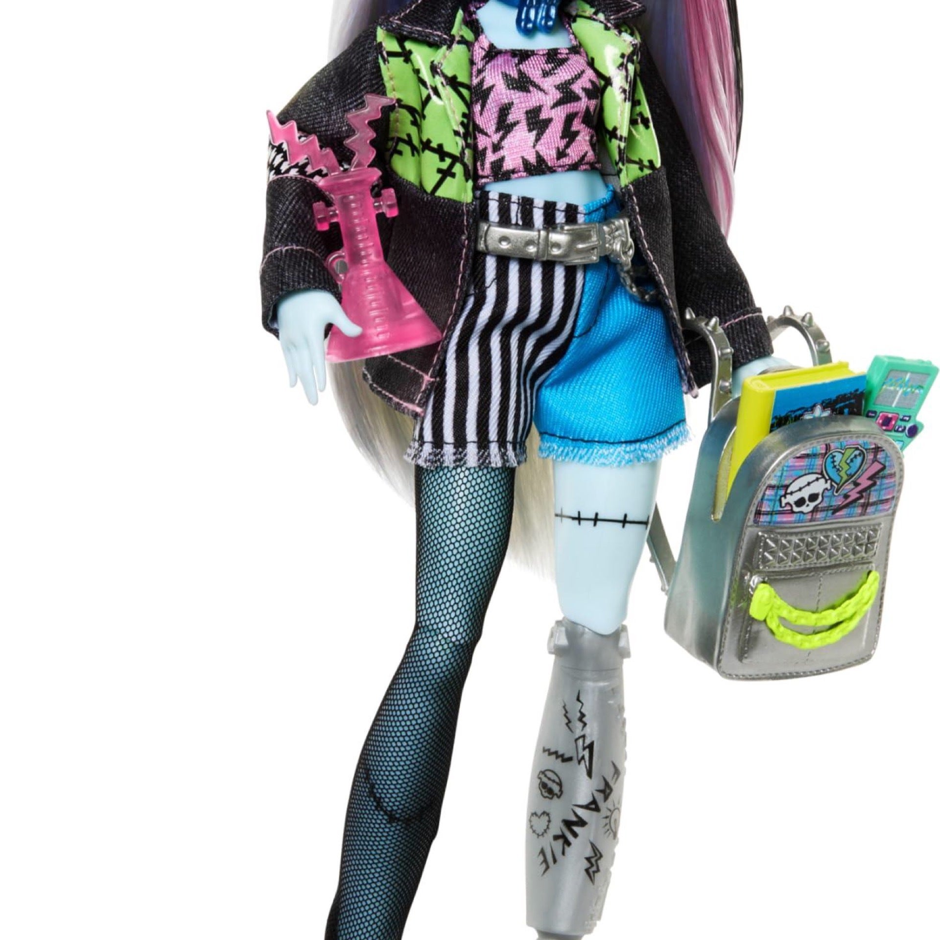Monster High Frankie Stein Doll in Denim Jacket and Shorts Includes Pet Dog Watzie and Accessories Like a Backpack Zombie Hideout